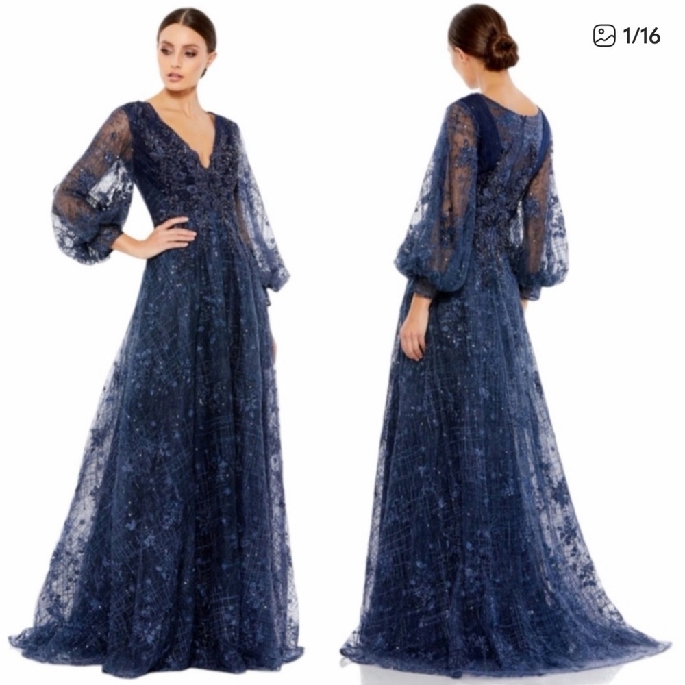 Mac Duggal Navy Blue Embellished Pluff Sleeves